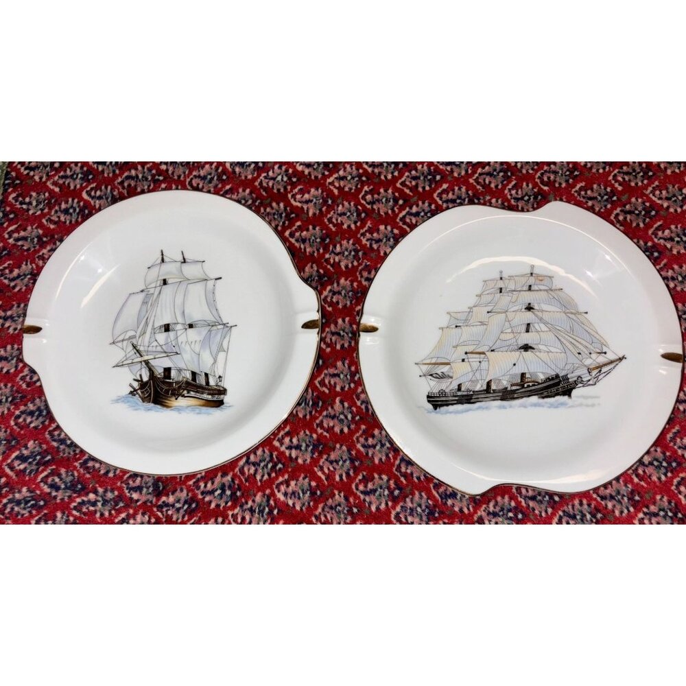 Vintage 2 Norleans Ashtrays Schooner Sailing Ships 9" x 9" Gold Gilt Trim Japan